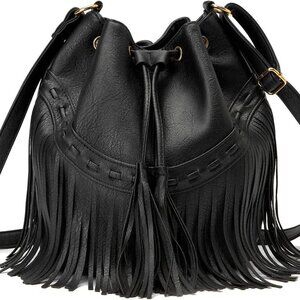 Leather Bucket Bags for Women Crossbody Fringe Purses with Drawstring Ladies Tas